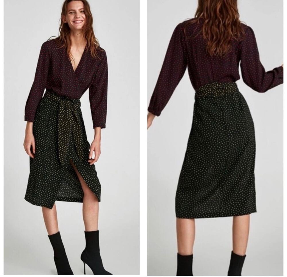 Zara Womens Multicolored Polkadots Long Sleeve Tie Waist Faux Wrap Dress Size XS